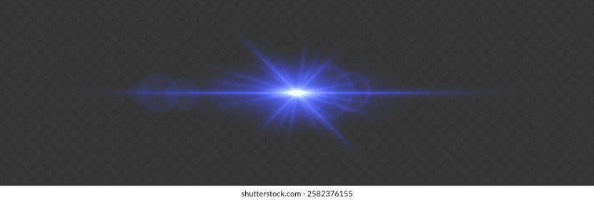 Bright blue glowing light flare with horizontal lens flare effect. Transparent background. Abstract digital illumination for design and overlay effects