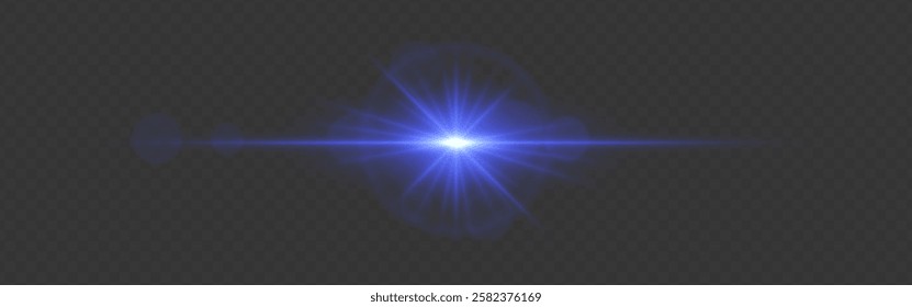 Bright blue glowing light flare with horizontal lens flare effect. Transparent background. Abstract digital illumination for design and overlay effects