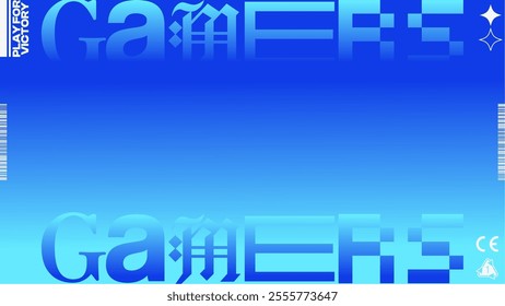 Bright Blue Gradient Brutalism Style Gamers Typography in Random Font Frame Background