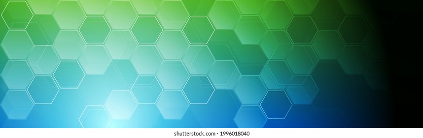 Fondo geométrico hexagonal de tecnología abstracta azul y verde brillante. Diseño de pancartas vectoriales