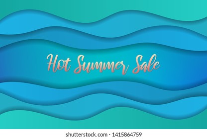 Bright blue and green gradient background with abstract wavy 3d paper cut elements and summer sale text. Magic vibrant turquoise wallpaper with empty space in centre for cover design, header, banner