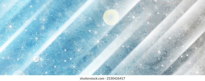 Bright blue and grey abstract Christmas grunge background with snowflakes. Vector glowing stripes banner design