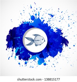 Bright blue grunge splash with a fish inside