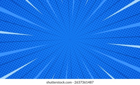 Bright blue halftone comic background with fast lines around. Vector illustration. Suitable for comics, prints, posters, etc.
