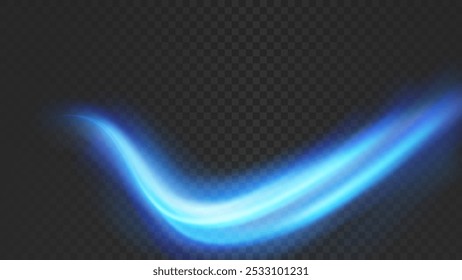 Bright blue halo soft speed transparent swoosh futuristic neon lines. Abstract dynamic rapid bandwidth transparent stream over black background. Vector illustration