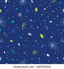 Bright blue hand drawn floristic vector seamless pattern. Eps 10