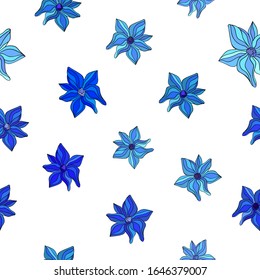 Bright blue hand drawn flowers on white background. Seamless doodle season pattern.