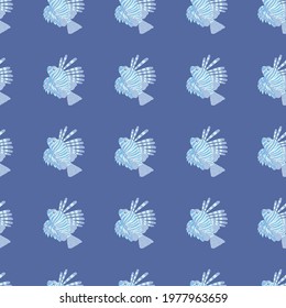 Bright blue hand drawn lionfish silhouettes seamless aqua pattern. Scrapbook decorative ocean backdrop. Designed for fabric design, textile print, wrapping, cover. Vector illustration.