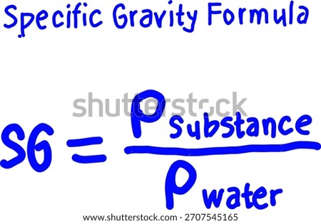 Bright blue handwritten formula for specific gravity showing the ratio of a substance’s density to water. A clean, simple educational graphic for science and physics learning.
