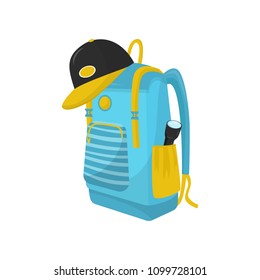 Bright blue hiking backpack with flashlight in pocket and cap. Big tourist bag for adventure and camping. Flat vector icon