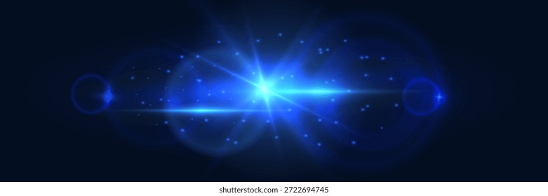 Uma lente horizontal azul brilhante flare com raios de luz e efeito bokeh em um fundo escuro.
