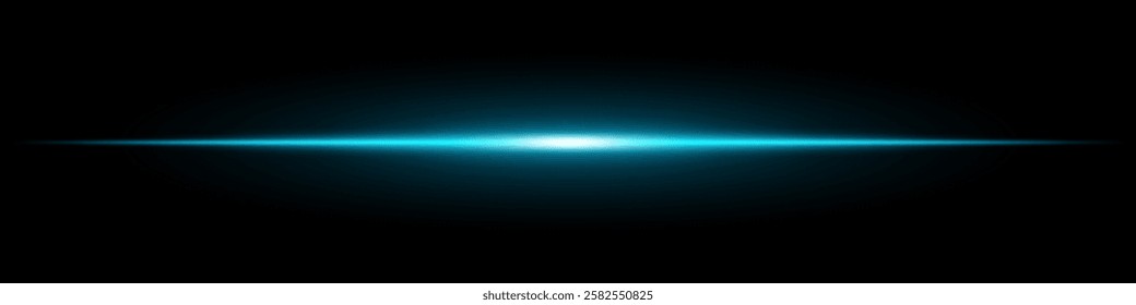 Bright blue horizontal light beam on a black background. Glowing laser effect creating a futuristic and sci-fi aesthetic. Suitable for technology, energy, speed, and digital design themes