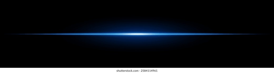 Bright blue horizontal light beam on a black background. Glowing laser effect creating a futuristic and sci-fi aesthetic. Suitable for technology, energy, speed, and digital design themes