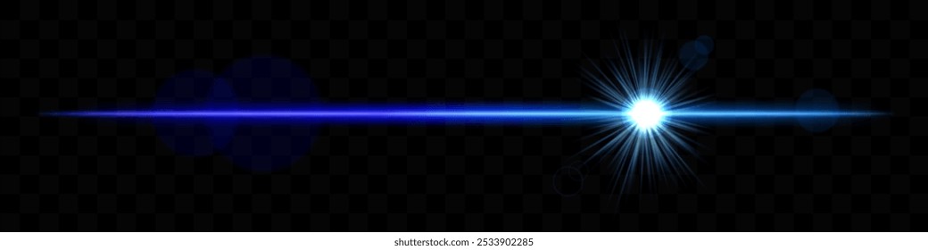 Brillante destello de luz Horizontal azul con efecto de lente. Explosión brillante, haz luminoso, flash óptico, racha brillante, resplandor radiante, transparencia.