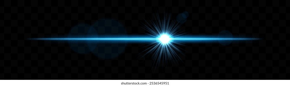 Bright Blue horizontal light flare with lens effect. Shining burst, luminous beam, optical flash, glowing streak, radiant glow, transparency.