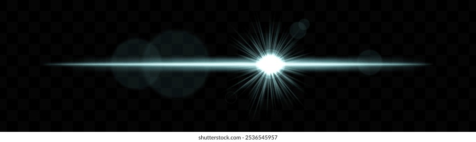Brillante destello de luz Horizontal azul con efecto de lente. Explosión brillante, haz luminoso, flash óptico, racha brillante, resplandor radiante, transparencia.