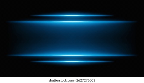 Luzes de neon horizontais azuis brilhantes com desfoque e brilho em camadas. Barras brilhantes futuristas para interfaces de ficção científica, bordas de HUD e quadros de design digital.