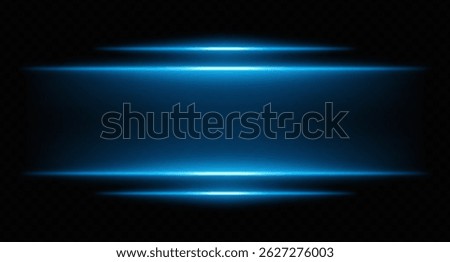 Bright Blue horizontal neon lights with layered blur and shine. Futuristic glowing bars for sci-fi interfaces, HUD borders, and digital design frames.