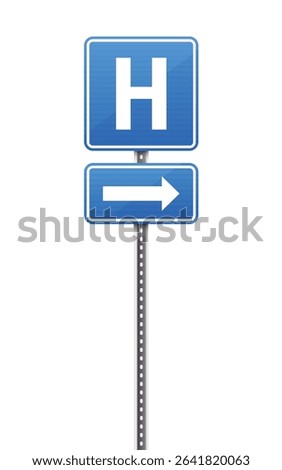A bright blue hospital directional sign stands against a white background, with the letter 