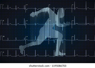 Bright Blue Human Electro Cardiogram In Running Shape On Dark Monitor, Healthy Life Concept Illustration