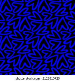 Bright blue ink outline hearts isolated on a dark black background. Cute monochrome seamless pattern. Vector simple flat graphic hand drawn illustration. Texture.