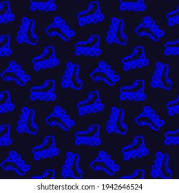 Bright blue ink roller skates isolated on dark background. Cute seamless pattern. Vector simple flat graphic hand drawn illustration. Texture.
