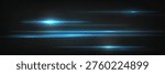 Bright blue laser beam streaks isolated on dark background. Glowing neon light effect, dynamic horizontal trail and abstract digital energy flare. Speed streak of energy, overlay set