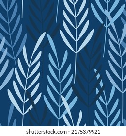 Las hojas azul brillante son un patrón impecable. Resumen de ramas planas de ilustración de vector floral. El telón de fondo de las vacaciones de verano. Papel de escritorio, fondo, tela, textil, impresión, papel envolvente o diseño de paquete.