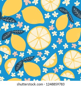 Bright blue lemon fruit print seamless pattern. Great for nature inspired kitchen or garden decor, backgrounds, invitations, packaging design projects. Kids and nursery room decor and textiles.