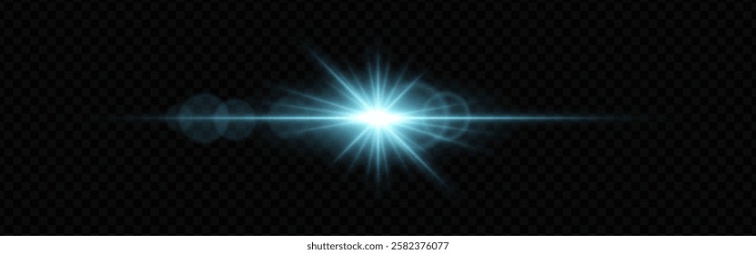 Bright blue lens flare with radiating beams and light rings on a dark transparent background. Horizontal glow effect symbolizes illumination, energy, and futuristic design.