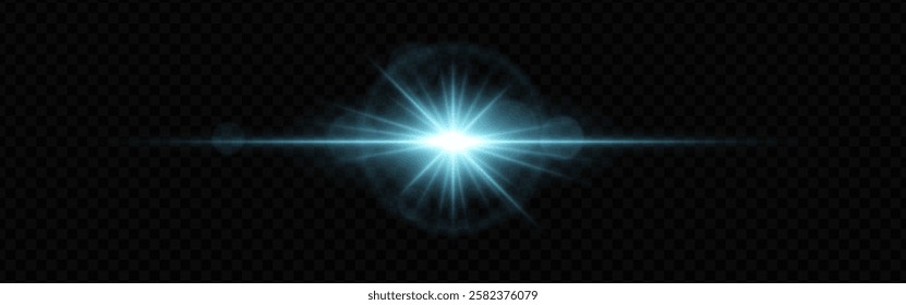 Bright blue lens flare with radiating beams and light rings on a dark transparent background. Horizontal glow effect symbolizes illumination, energy, and futuristic design.