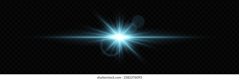 Bright blue lens flare with radiating beams and light rings on a dark transparent background. Horizontal glow effect symbolizes illumination, energy, and futuristic design.