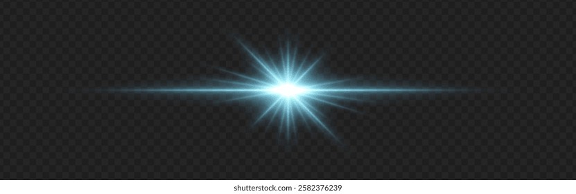 Bright blue lens flare with radiating beams and light rings on a dark transparent background. Horizontal glow effect symbolizes illumination, energy, and futuristic design.