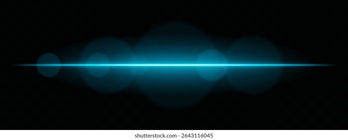 Bright blue light beam with lens flare circles on dark background. Vivid horizontal glow ideal for futuristic UI, synthwave designs, or neon-inspired transitions.