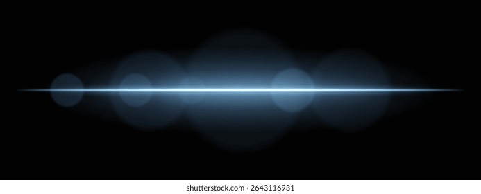Bright blue light beam with lens flare circles on dark background. Vivid horizontal glow ideal for futuristic UI, synthwave designs, or neon-inspired transitions.