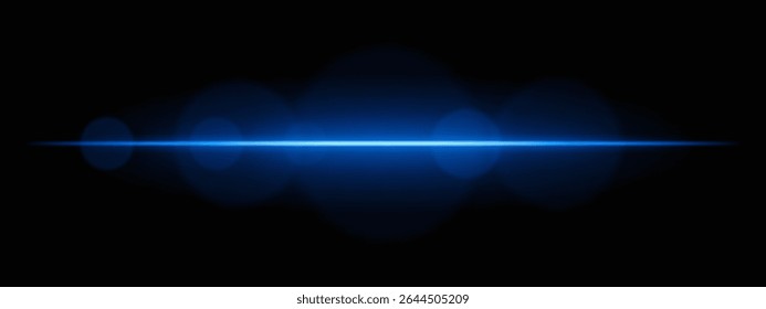Bright blue light beam with lens flare circles on dark background. Vivid horizontal glow ideal for futuristic UI, synthwave designs, or neon-inspired transitions.