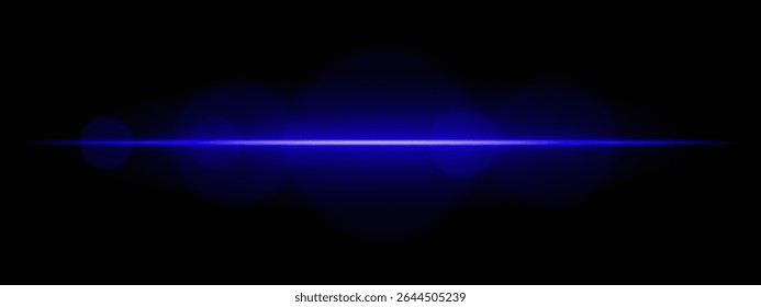 Bright blue light beam with lens flare circles on dark background. Vivid horizontal glow ideal for futuristic UI, synthwave designs, or neon-inspired transitions.