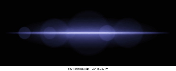 Bright blue light beam with lens flare circles on dark background. Vivid horizontal glow ideal for futuristic UI, synthwave designs, or neon-inspired transitions.