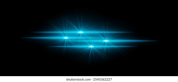 Bright blue light beams with star-like bursts and radiant glow. Horizontal light streaks and glare on dark background, creating a vibrant illumination effect