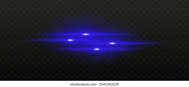 Bright blue light beams with star-like bursts and radiant glow. Horizontal light streaks and glare on dark background, creating a vibrant illumination effect