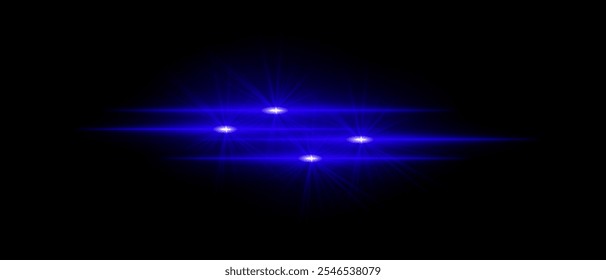 Bright blue light beams with star-like bursts and radiant glow. Horizontal light streaks and glare on dark background, creating a vibrant illumination effect