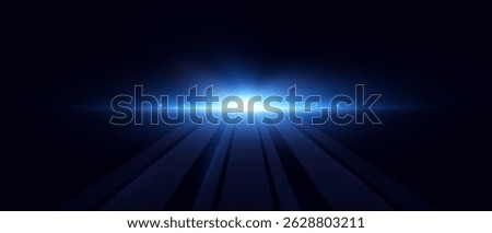 Bright blue light burst from distant horizon with glowing rays on dark background. Futuristic scene for abstract backgrounds, stage lighting, sci-fi visuals, or UI highlights.


