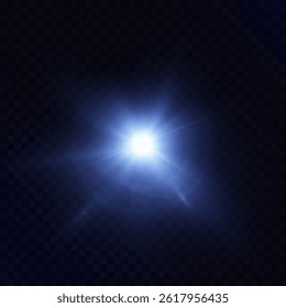 Bright blue light burst with glowing rays and subtle lens haze on a dark transparent background. 