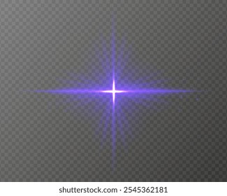 Bright blue light burst with star-shaped rays, sparkling particles, and a horizontal glow on a transparent background. Ideal for adding a radiant flash or glare effect