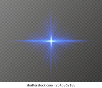 Bright blue light burst with star-shaped rays, sparkling particles, and a horizontal glow on a transparent background. Ideal for adding a radiant flash or glare effect