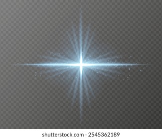 Bright blue light burst with star-shaped rays, sparkling particles, and a horizontal glow on a transparent background. Ideal for adding a radiant flash or glare effect