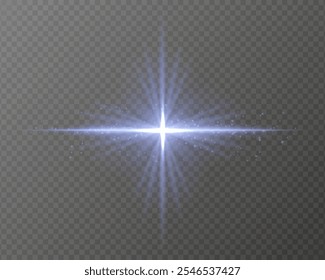 A luz azul brilhante estoura com raios em forma de estrela, partículas cintilantes e um brilho horizontal em um fundo transparente. Ideal para adicionar um flash radiante ou efeito de brilho