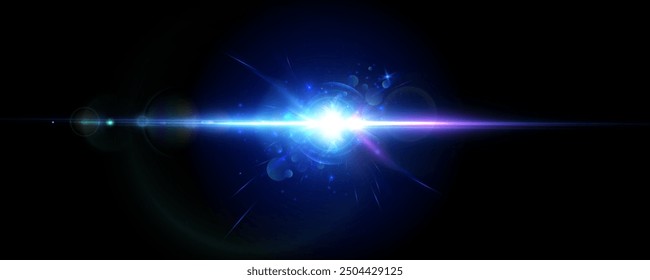 Bright blue light effect with glare and particle explosion effect on black background. Vector 10 EPS