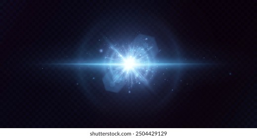 Bright blue light effect with glare and particle explosion effect on black background. Vector 10 EPS