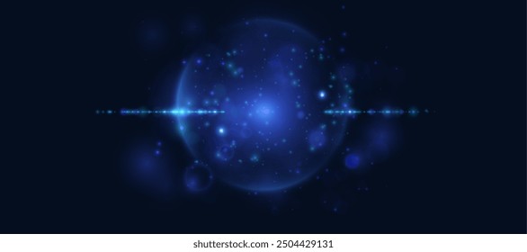 Bright blue light effect with glare and particle explosion effect on black background. Vector 10 EPS